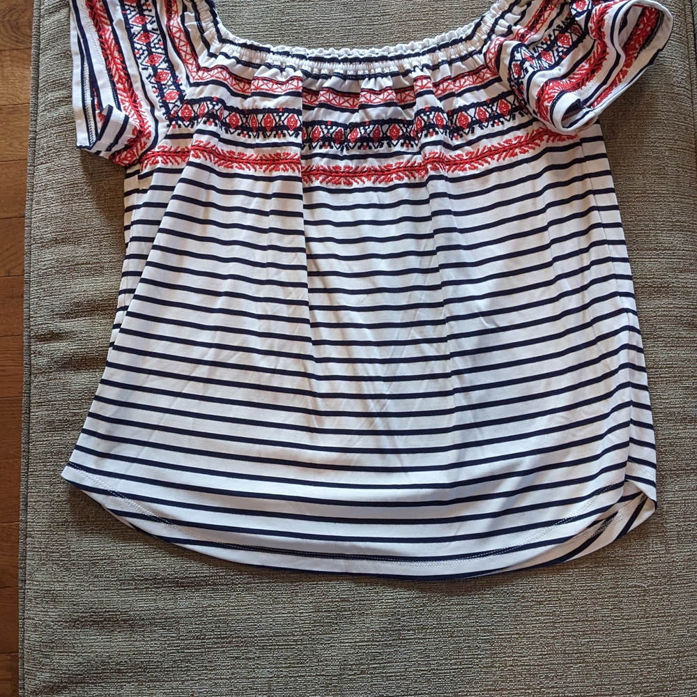 THML Navy and Red Striped Off-Shoulder Blouse